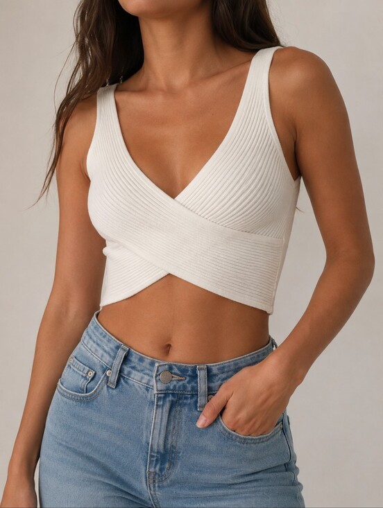 Dynamite Tops - Dynamite Off White Ribbed Wrap Crop Top - Women Size Small